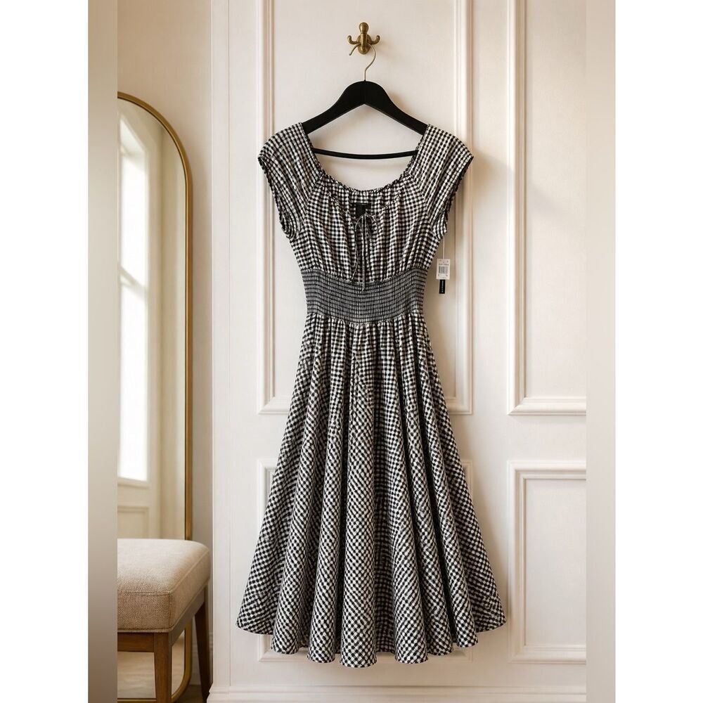 BLACK AND WHITE GINGHAM DRESS WITH CAP SLEEVES AND ELASTIC WAIST SIZE XL NWT